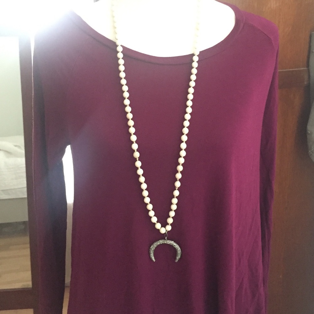 Long Pavè Crescent Pendant Bead Necklace